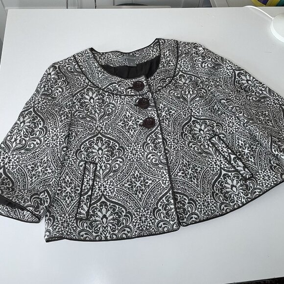 ANN TAYLOR Short Cropped Pleated Brown Cream Jacquard Swing Jacket 3/4 Sleeve 6 - Picture 1 of 11